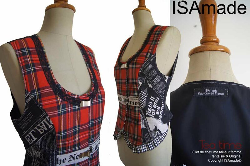 Gilet sans manches Tartan écossais tailleur femme noir rouge carreaux mod 05C