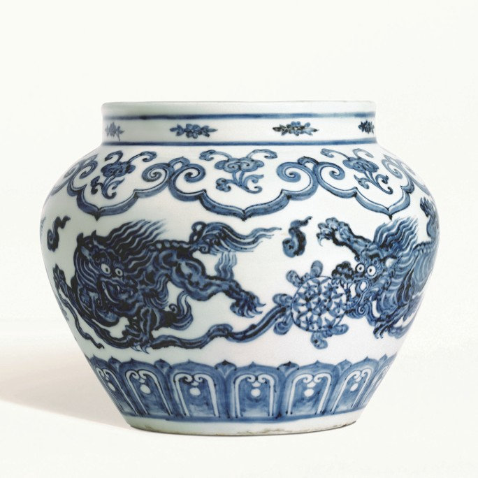 A blue and white 'lion and ball' jar, Ming dynasty, Yongle period, The Meiyintang Collection