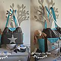 VENDU - grand sac à langer bébé fashion moderne nombreux rangements poches thème étoiles turquoise gris argenté 4