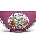 A fine ruby-ground 'floral' medallion bowl, the porcelain yongzheng mark and period (1723-1735), the enamels later-added