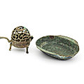 An archaic bronze incense burner and cover and a bronze 'ear' cup, han dynasty