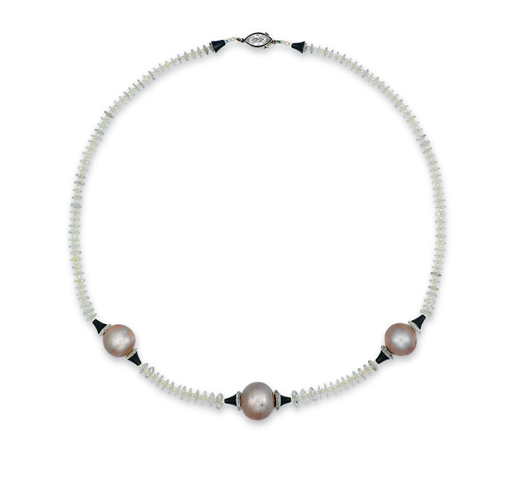 A natural pearl, diamond, onyx and seed pearl necklace