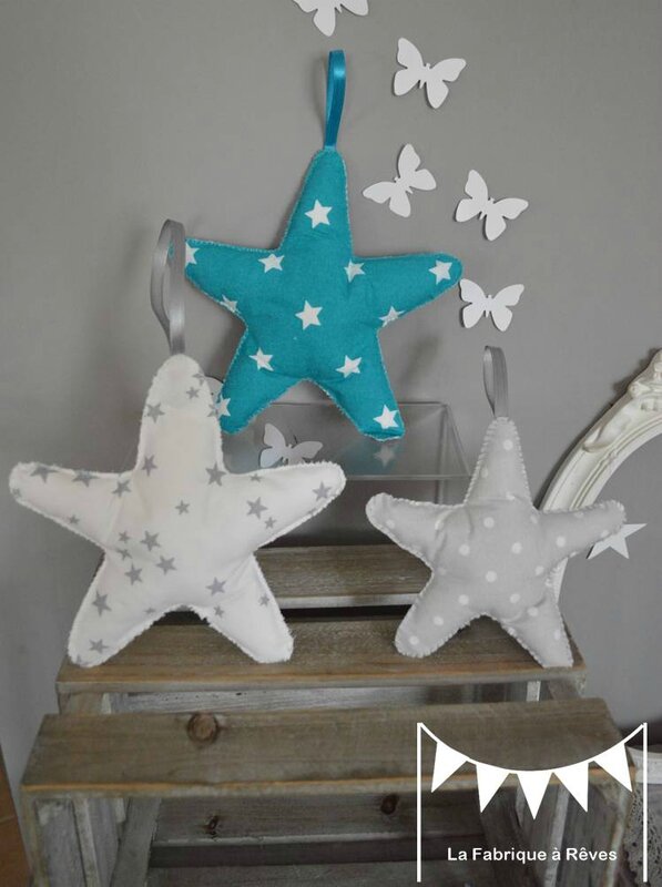 3 étoiles à suspendre accrocher bleu turquoise blanc gris - décoration chambre bébé turquoise gris blanc étoiles