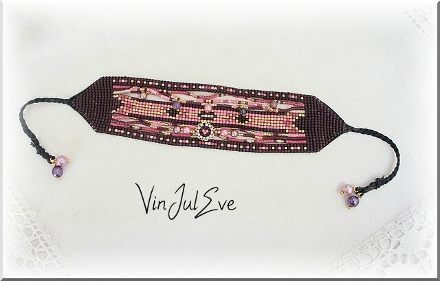 bracelet loom muliti bandes violet rose or