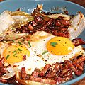 Oeufs a la biere dans leur nid de chicons (endives) et de lardons