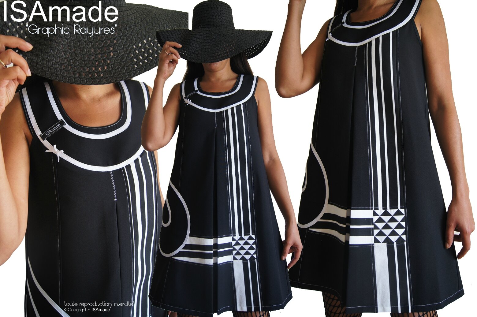 MOD 446A Robe trapèze Noire Chasuble d'esprit Couture Chic Noire Blanche