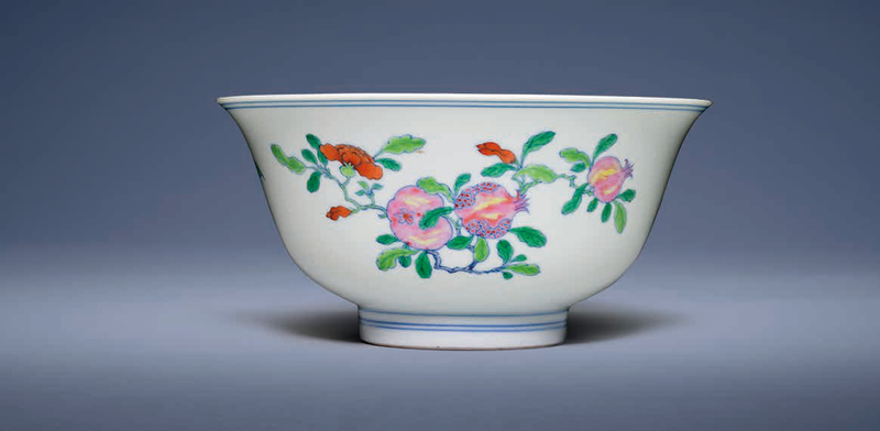 A very rare doucai and famille rose 'Sanduo' bowl, Yongzheng six-character mark in underglaze blue within a double circle and of the period (1723-1735)