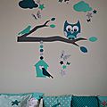 stickers hibou chouette décoration chambre enfant bébé garçon étoiles pétrole turquoise caraïbe gris 2