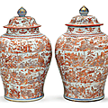 A very large pair of iron-red and underglaze blue jars and covers, kangxi period, first quarter 18th century