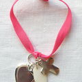 2. Bracelet sur ruban, Coeur et Croix en argent massif, Poisson