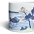 An underglaze-blue, copper-red and celadon-glazed brushpot, qing dynasty, kangxi period (1662-1722)