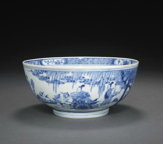 A blue and white porcelain bowl, Ruosheng zhencang mark, Kangxi period