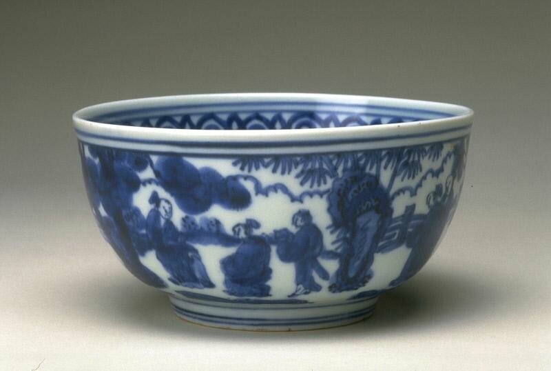 Bowl with a scene of elegant gathering, Ming dynasty, Jiajing six-character mark within double-circles and of the period (1522-1566)