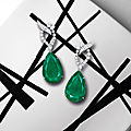 Pair of emerald and diamond pendent earrings, harry winston
