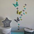 stickers papillons 3D turquoise anis gris - décoration chambre bébé turquoise anis gris