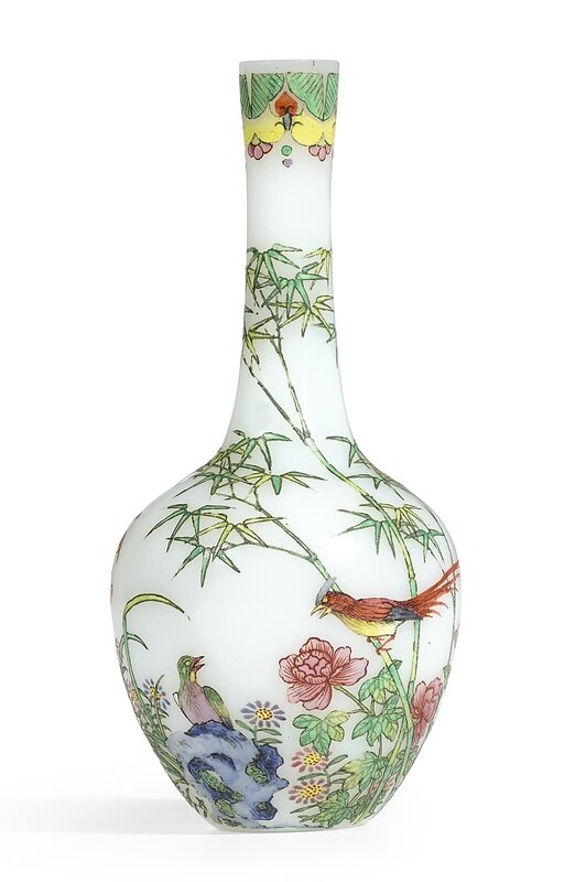 An extremely rare and exquisitely enamelled 'pheasants' glass bottle vase, blue enamel mark and period of Qianlong (1736-1795) 