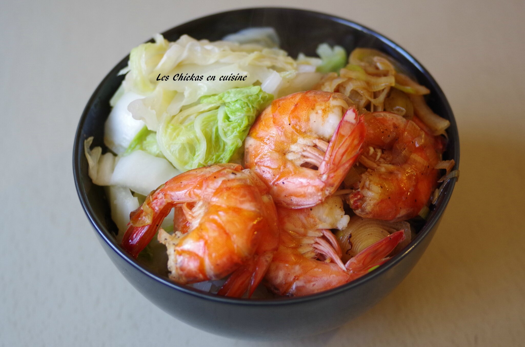 Recette asiatique Crevettes et blanc de poireau sauté sauce aux huîtres.