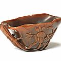 A rhinoceros horn 'lotus stem' libation cup, 17th-18th century