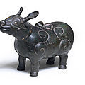 A very rare gold and silver-inlaid bronze tapir-shaped vessel, xizun, song-ming dynasty (960-1644)