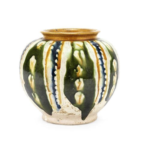 A rare blue and sancai-glazed pottery jar, Tang Dynasty