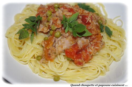 Recette pour Spaghettis au poisson pané, sauce aux petits pois