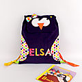 Sac à dos enfant personnalisé prénom Elsa école maternelle hibou chouette violet multicolores cartable personnalisable cadeau naissance sac à dos bébé