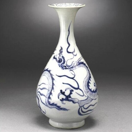 A very rare blue and white 'dragon' vase (yuhuchunping), Yuan Dynasty