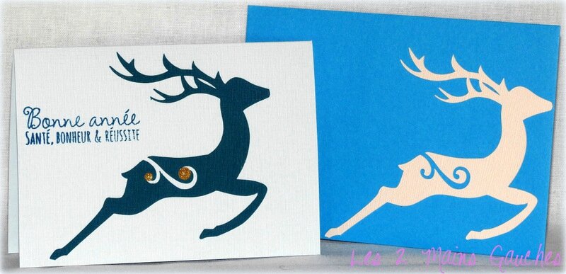 carte de voeux avec renne bleu et enveloppe assortie
