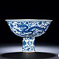 A blue and white ‘dragon’ stem cup, xuande period, 1426-1435