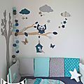 stickers décoration chambre enfant garçon bébé branche cage à oiseau hibou oiseaux étoiles bleu pétrôle craft gris argenté blanc
