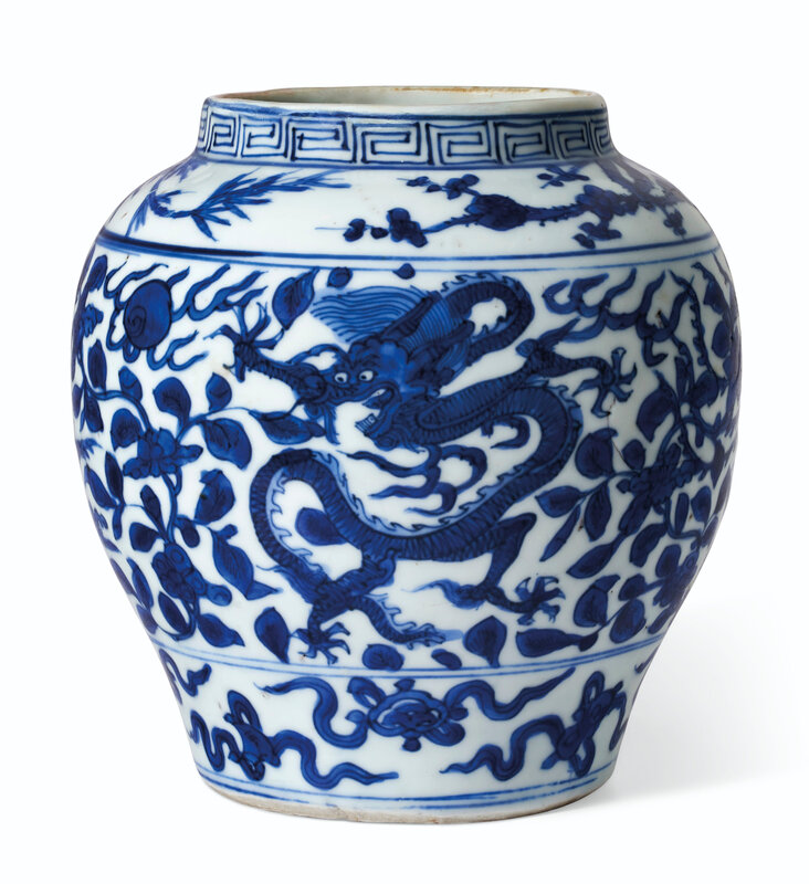 A small blue and white ovoid 'dragon and phoenix' jar Wanli six-character mark within a double circle and of the period (1573-1619)