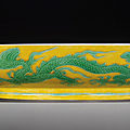A yellow-ground green-enamelled 'Dragon' dish, Zhengde four-character mark within double-circles and of the period (1506-1521) (3)