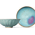 A longquan celadon ‘lotus’ bowl and a purple-splashed jun bowl, southern song dynasty (1127-1279), jin dynasty (1115-1234)