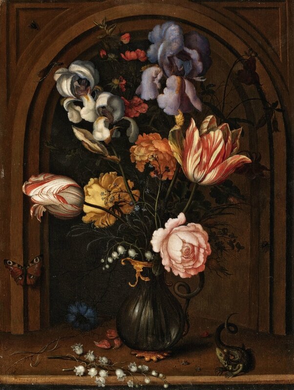 Balthasar van der Ast (circa 1594 Middelburg - 1657 Delft), A Vase of Flowers in a Niche with a Butterfly, Fly, Dragonfly and a Lizard