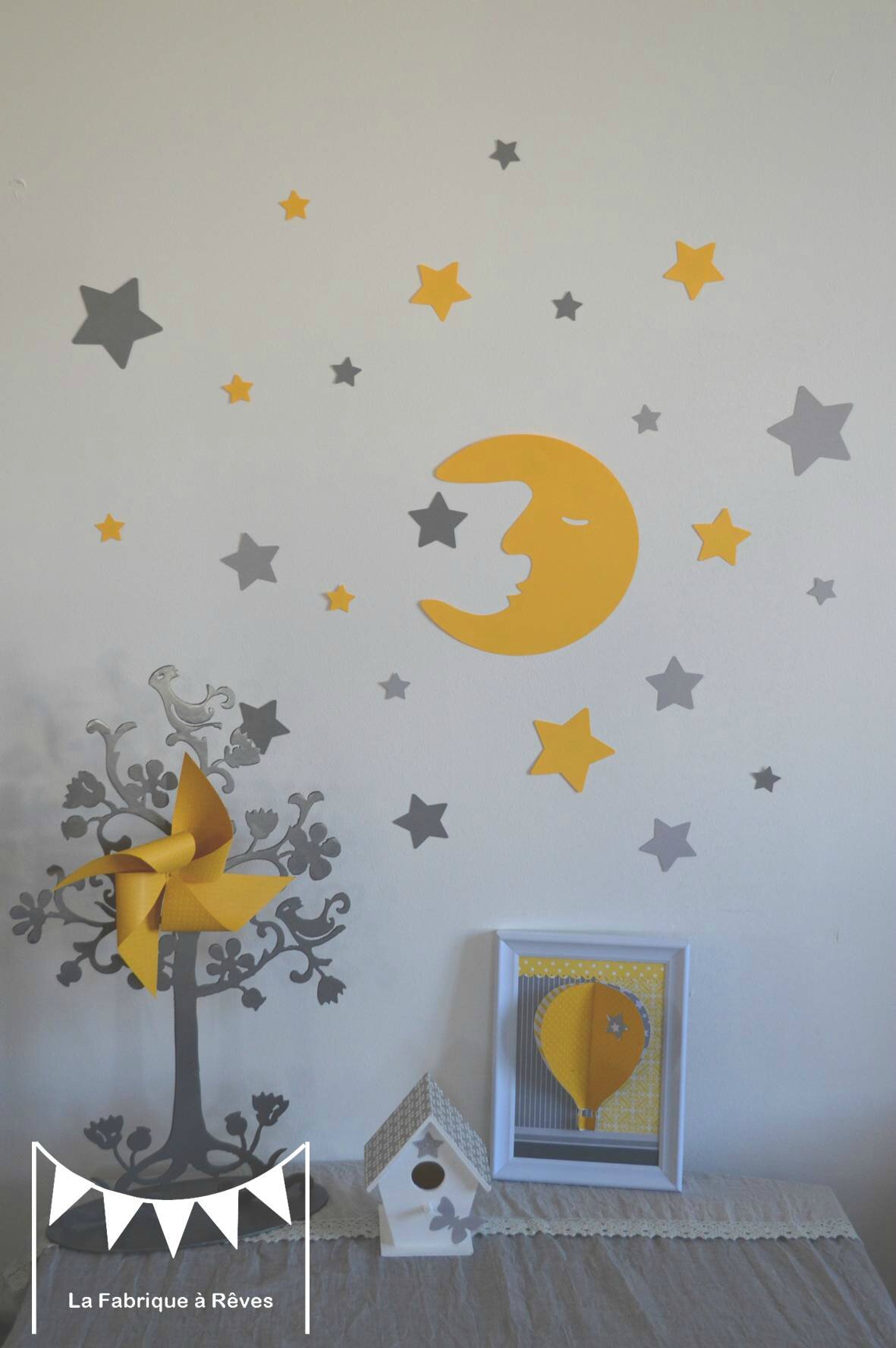 stickers décoration chambre enfant fille bébé garçon lune et étoiles jaune gris