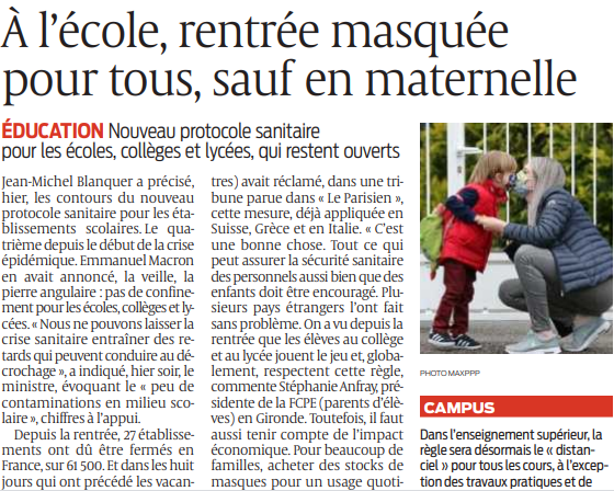2020 10 30 SO A l'école rentrée masquée pour tous sauf en maternelle