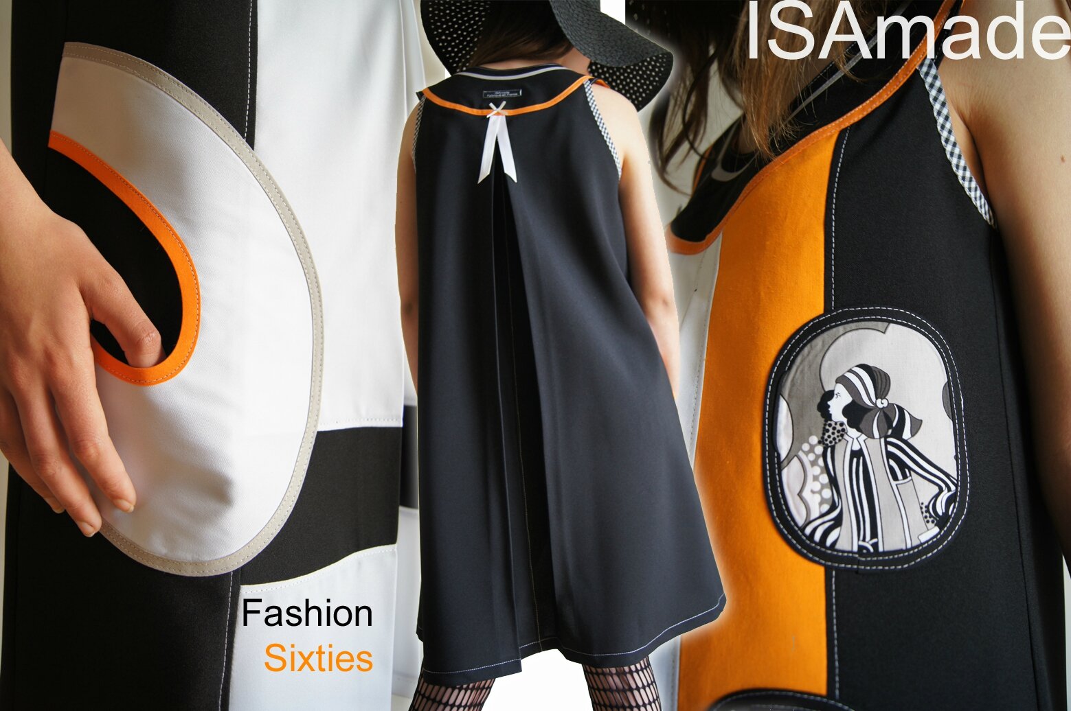 Robe trapèze Bicolore noire blanche Orange / imprimé fashion Vintage