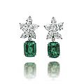 A pair of emerald and diamond ear pendants