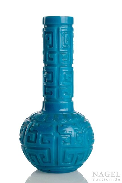 A deep cut turquoise-blue beijing glass bottle vase with dragon decoration, engraved Qianlong four-character mark, 18th-19th century