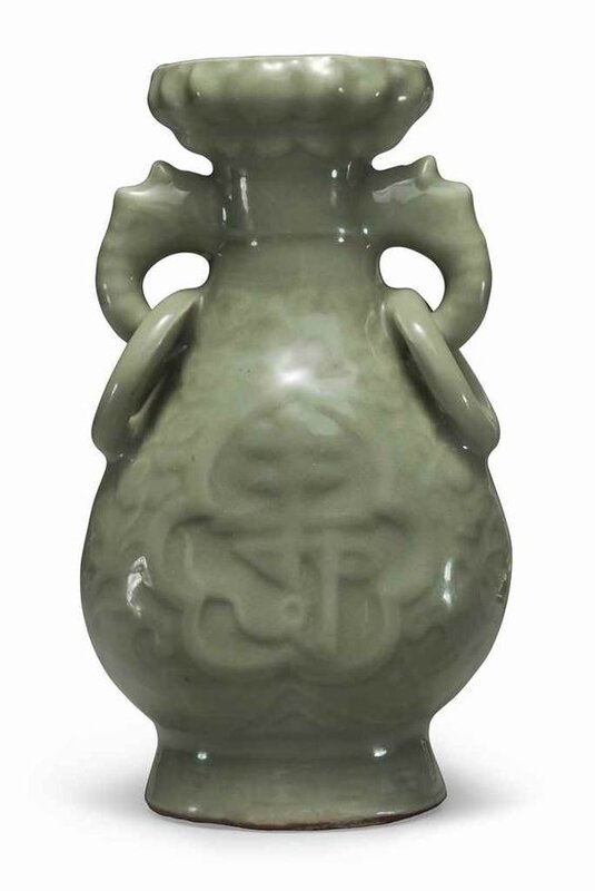 A Longquan celadon ring-handled vase, Yuan-early Ming dynasty, 14th century
