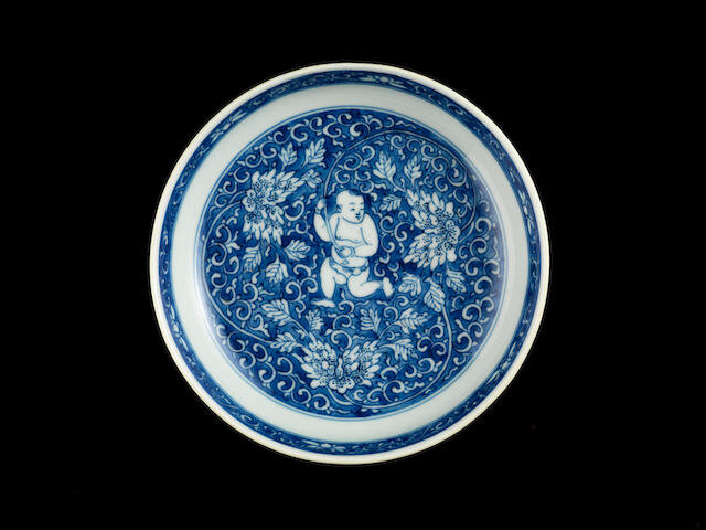 A blue and white shallow bowl