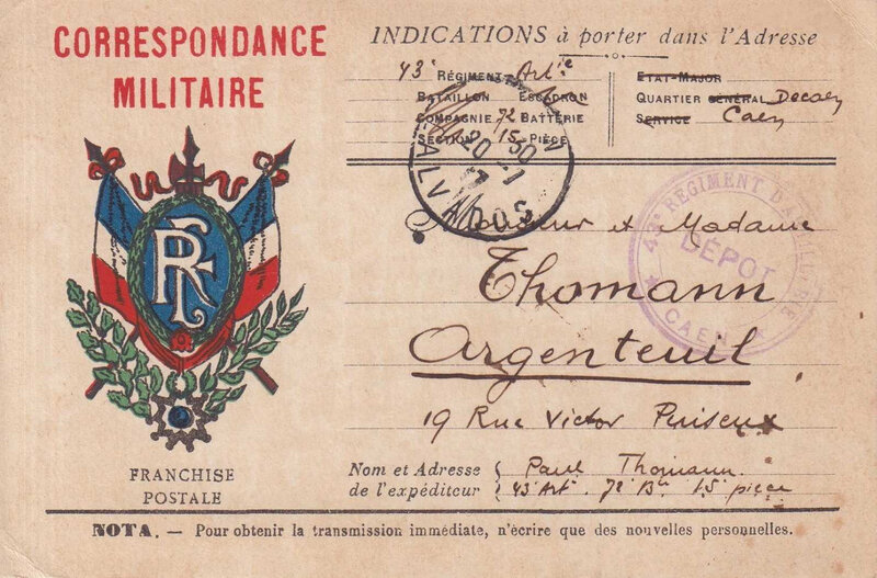 43e RAC, 72e batterie, 15e pièce, Paul Thomann, carte de correspondance militaire, 19 juillet 1917