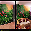 Fresque déco intérieure en trompe l'oeil style jungle et fleurs